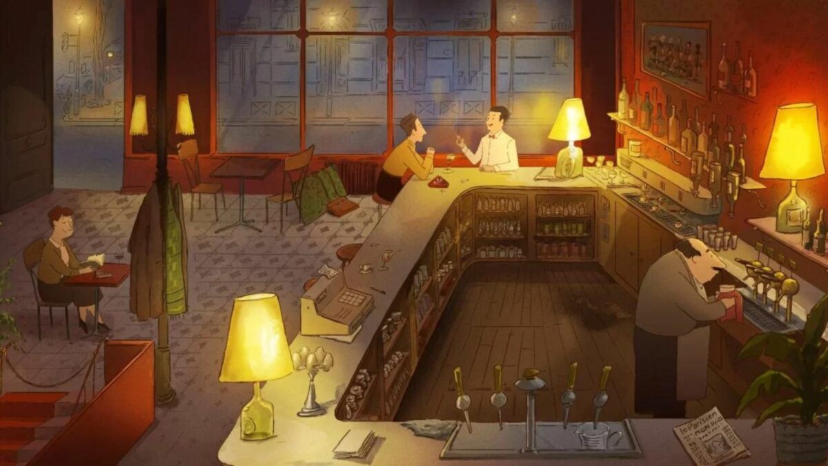 kadr animowany, szerokie ujęcie na scenę z baru