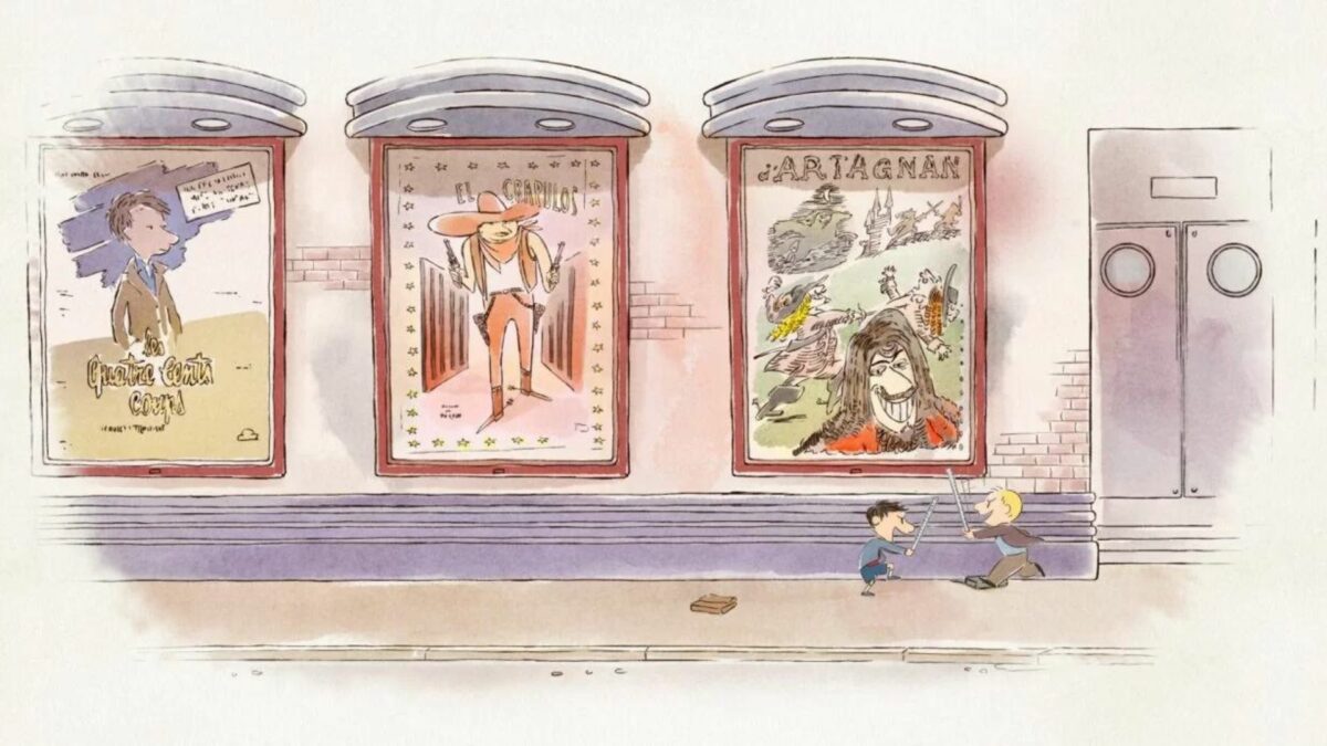 Kadr animowany, dwóch chłopców bawiących się na chodniku pod afiszami kinowymi