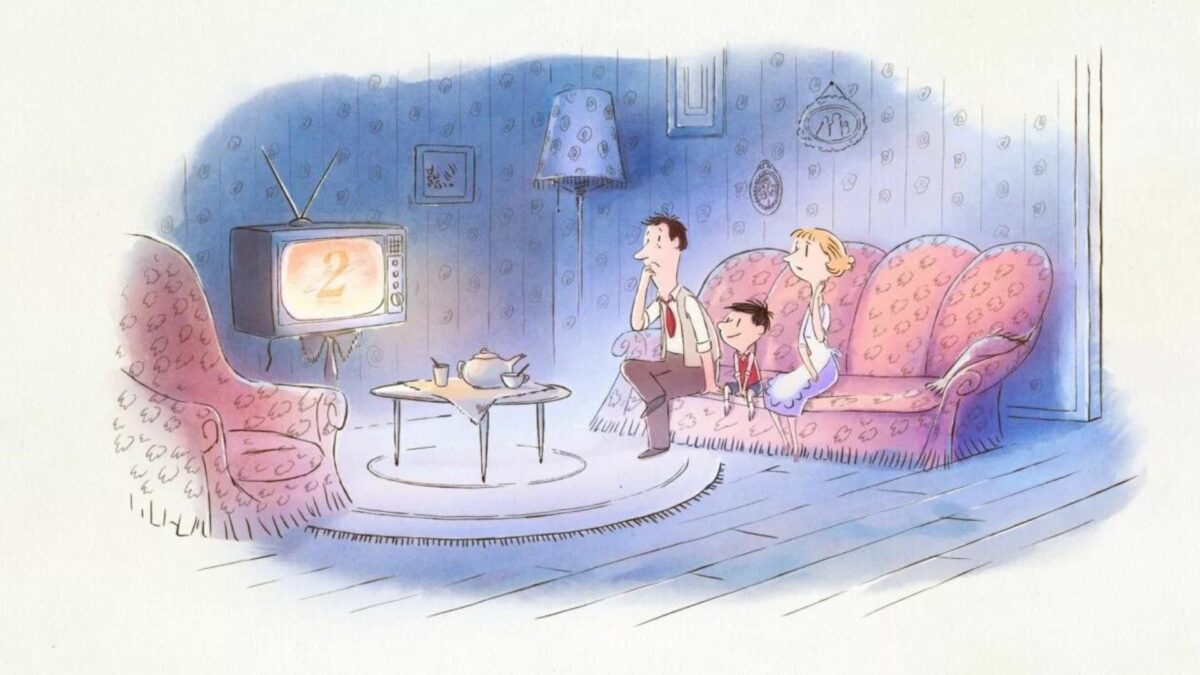 kadr animowany, rodzina w salonie oglądająca telewizor