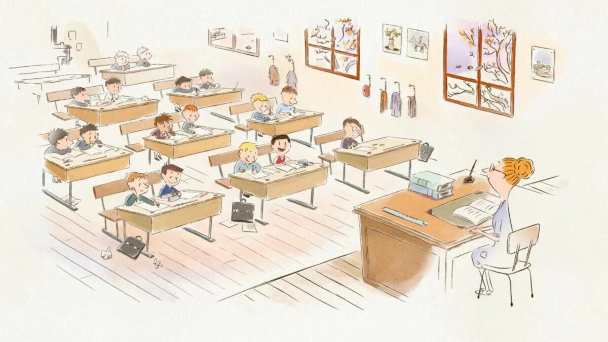 Kadr animowany, zajęcia szkolne, widok na całą klasę