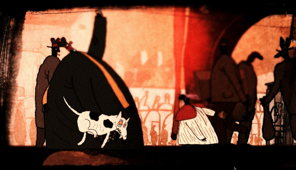 Animowany kadr przedstawiający spacerującego pasa, dookoła niego znajdują się groźne postacie.