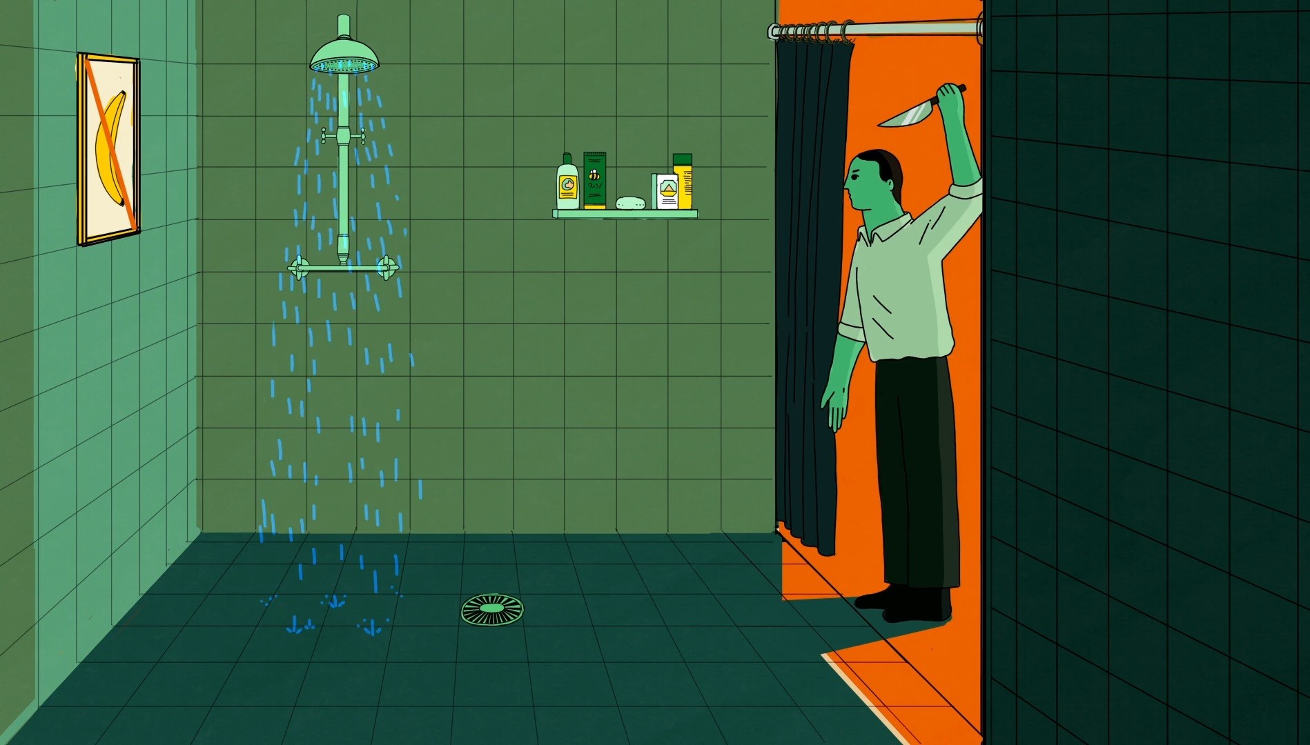 Animowany kadr, mężczyzna skradający się z nożem pod prysznic.