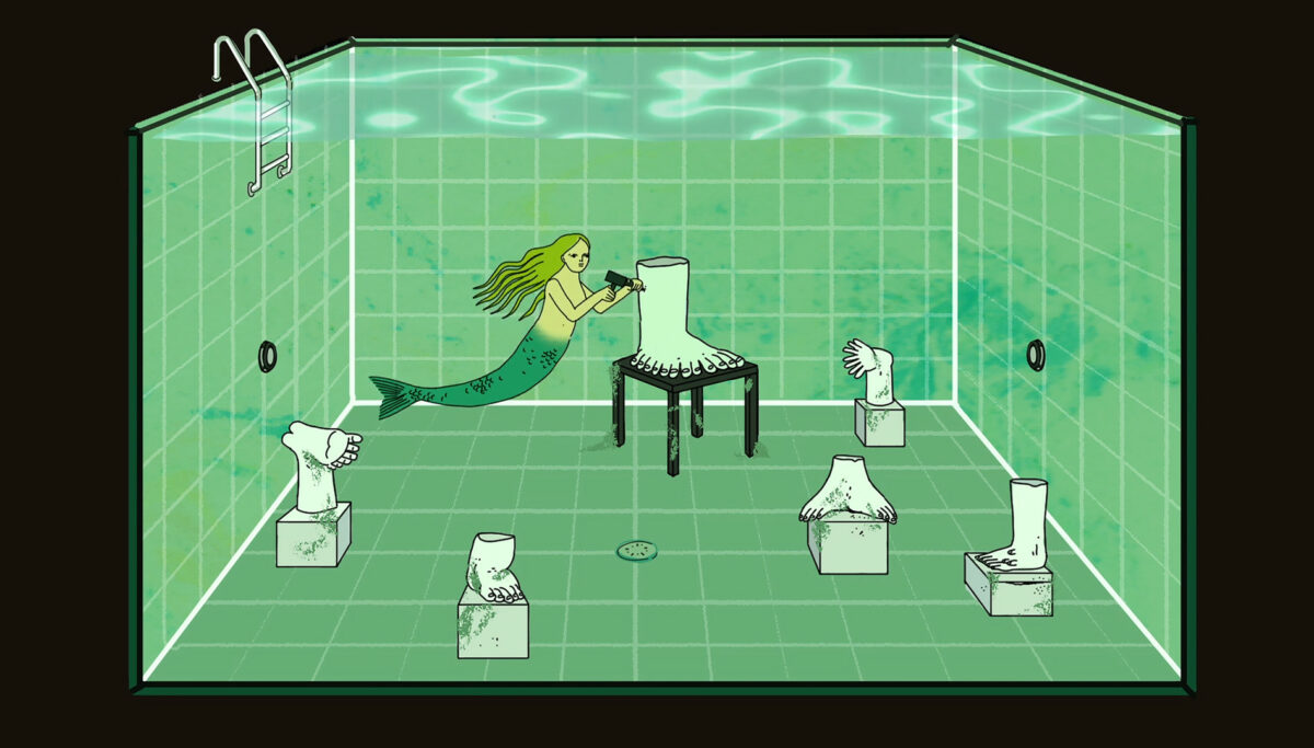 Animowany kadr, na dnie basenu syrenka rzeźbi w kamieniu.