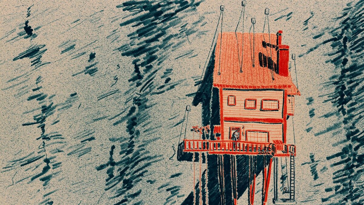 Kadr animowany, mały czerwony domek z mężczyzną na ganku.