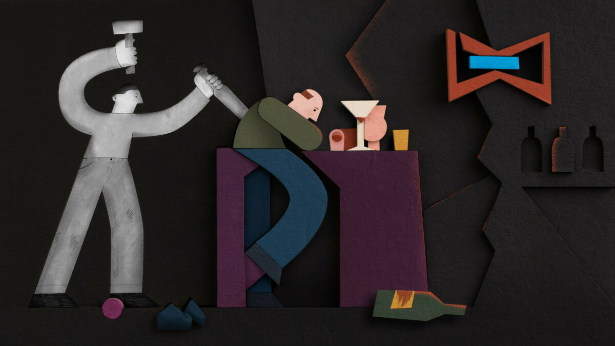 Animowany kadr, smutny mężczyzna przy barowym stoliku, dookoła niego dużo kieliszków i butelek po alkoholu.