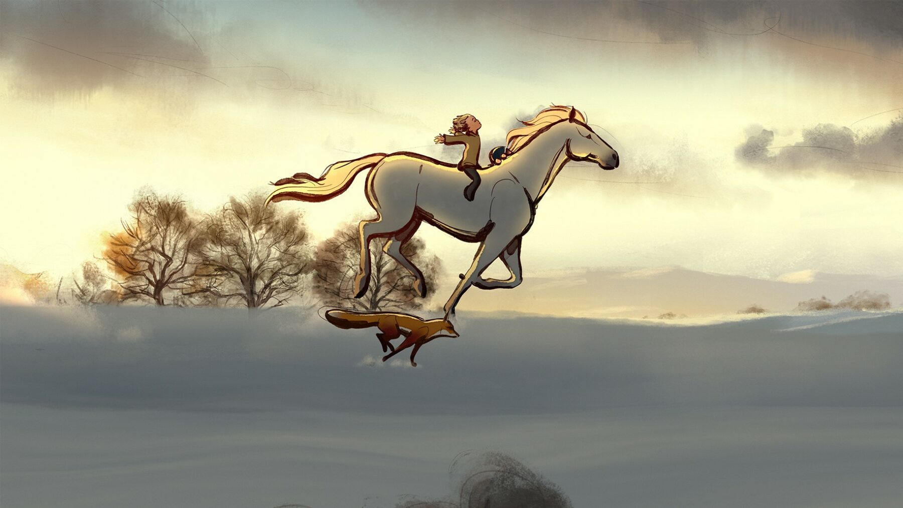Kadr animowany, młody chłopak jadący na koniu w towarzystwie lisa.