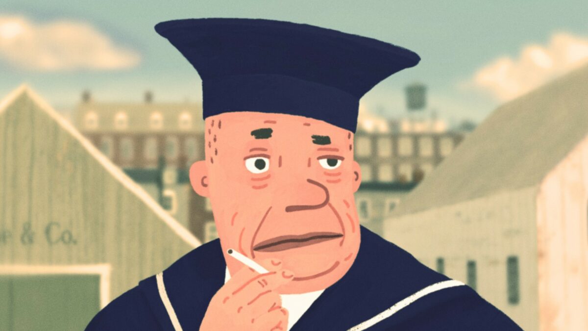 Marynarz z papierosem na tle portu.