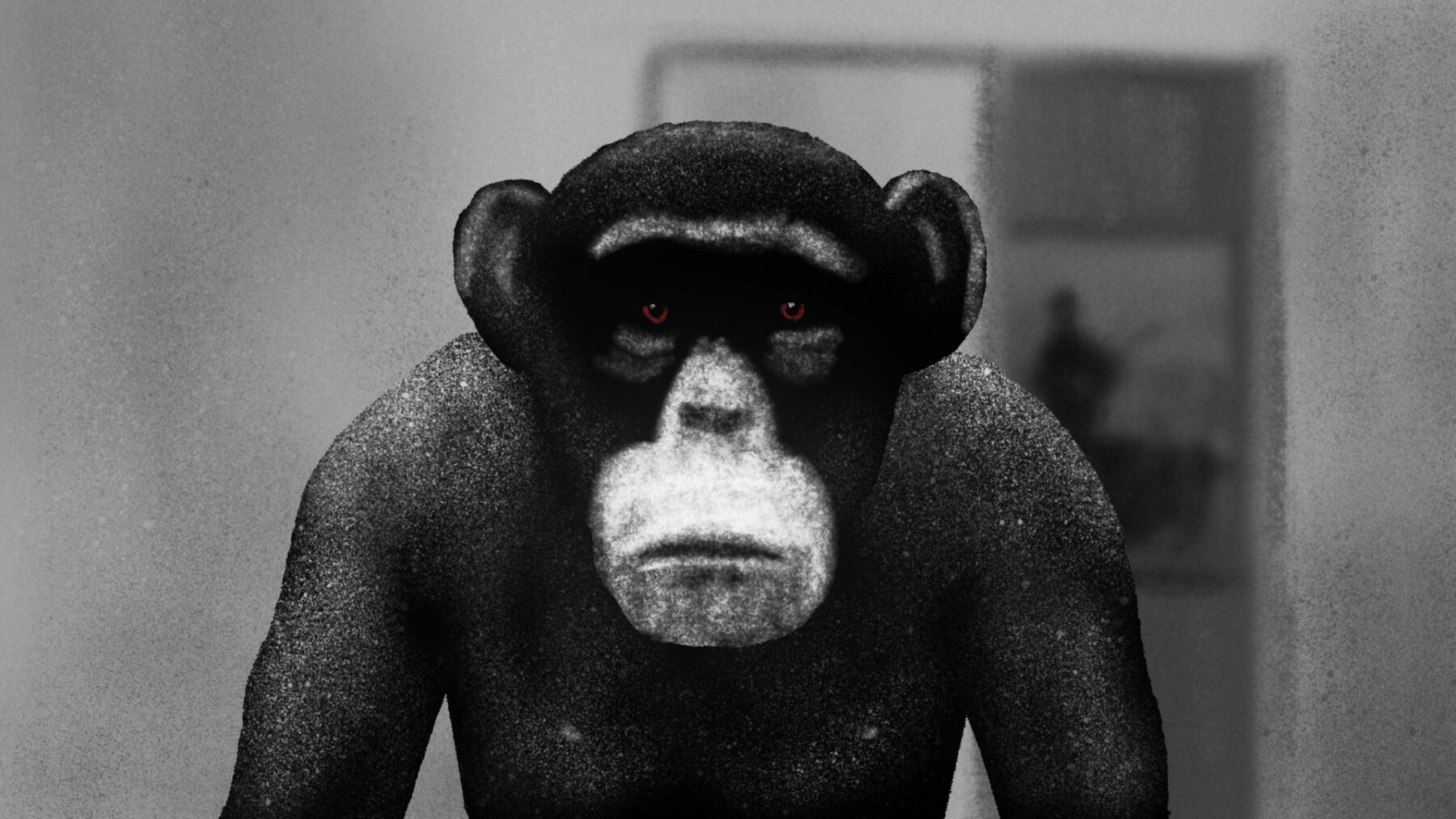 Kadr z czarnobiałej animacji, w pełnym zbliżeniu przedstawia szympansa.