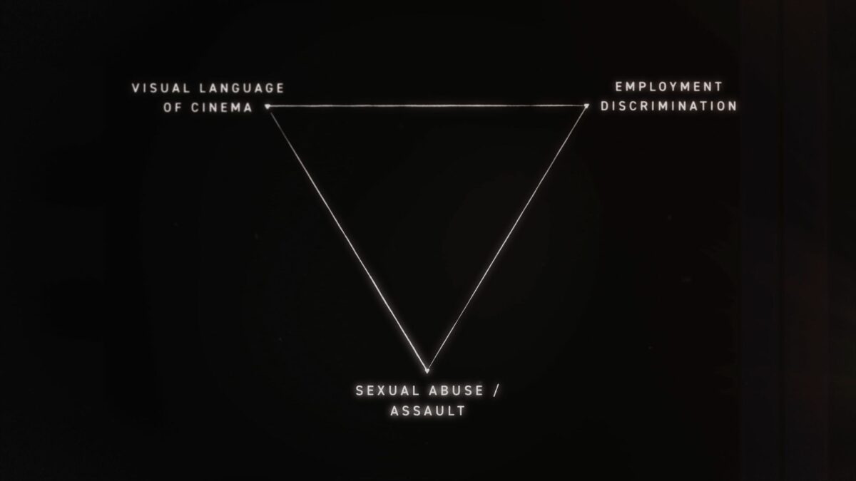 Kadr z czarnym tłem, na nim białe kontury trójkąta, przy trzech rogach trójkąta napisy: visual language of cinema, employment discrimination, sexual abuse / assault.
