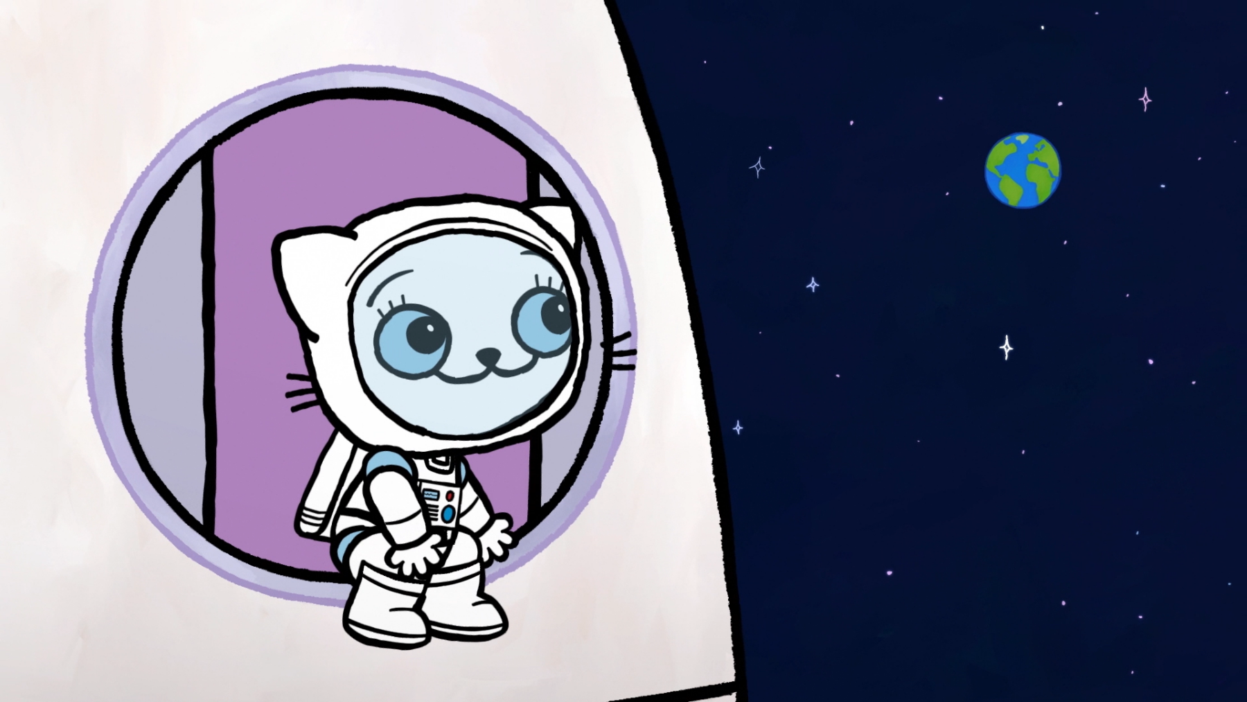 Kadr z bajki, biały kotek w stroju astronauty siedzi na rakiecie i patrzy na przestrzeń kosmiczną.