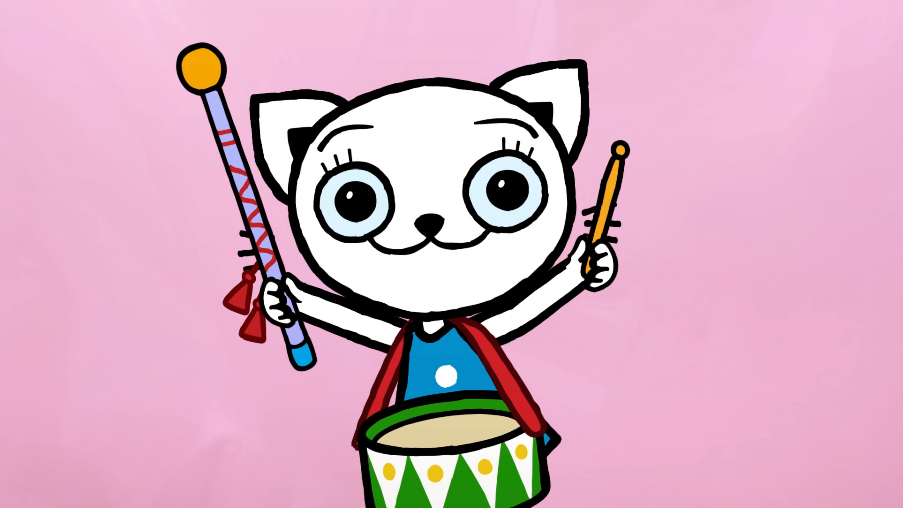 Kadr z bajki przedstawiający białego kotka grającego na bębnie.