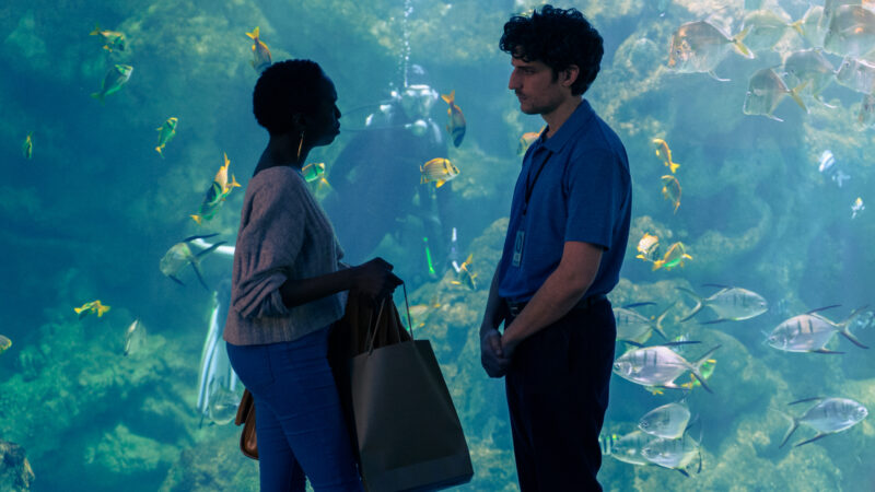 Chłopak rozmawiający z kobietą w oceanarium.