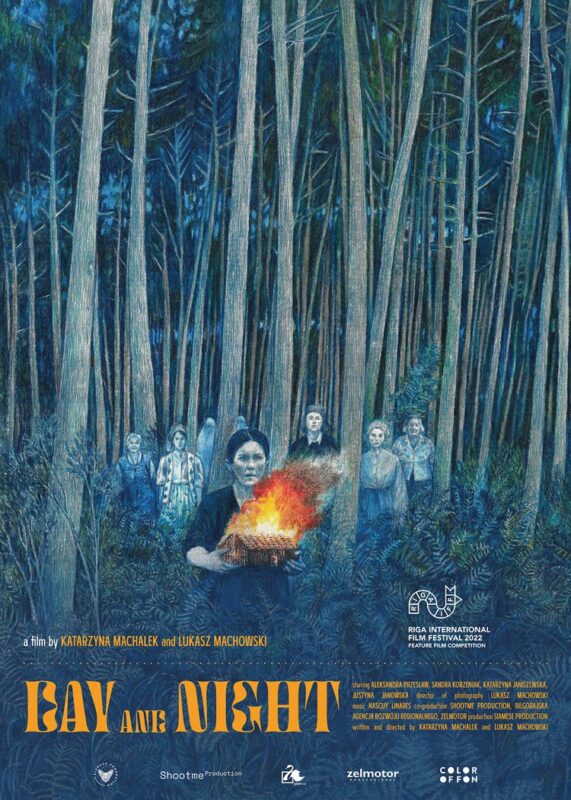 Plakat w stylu rysunkowym przedstawiający las i wyłaniające się z niego kobiety.