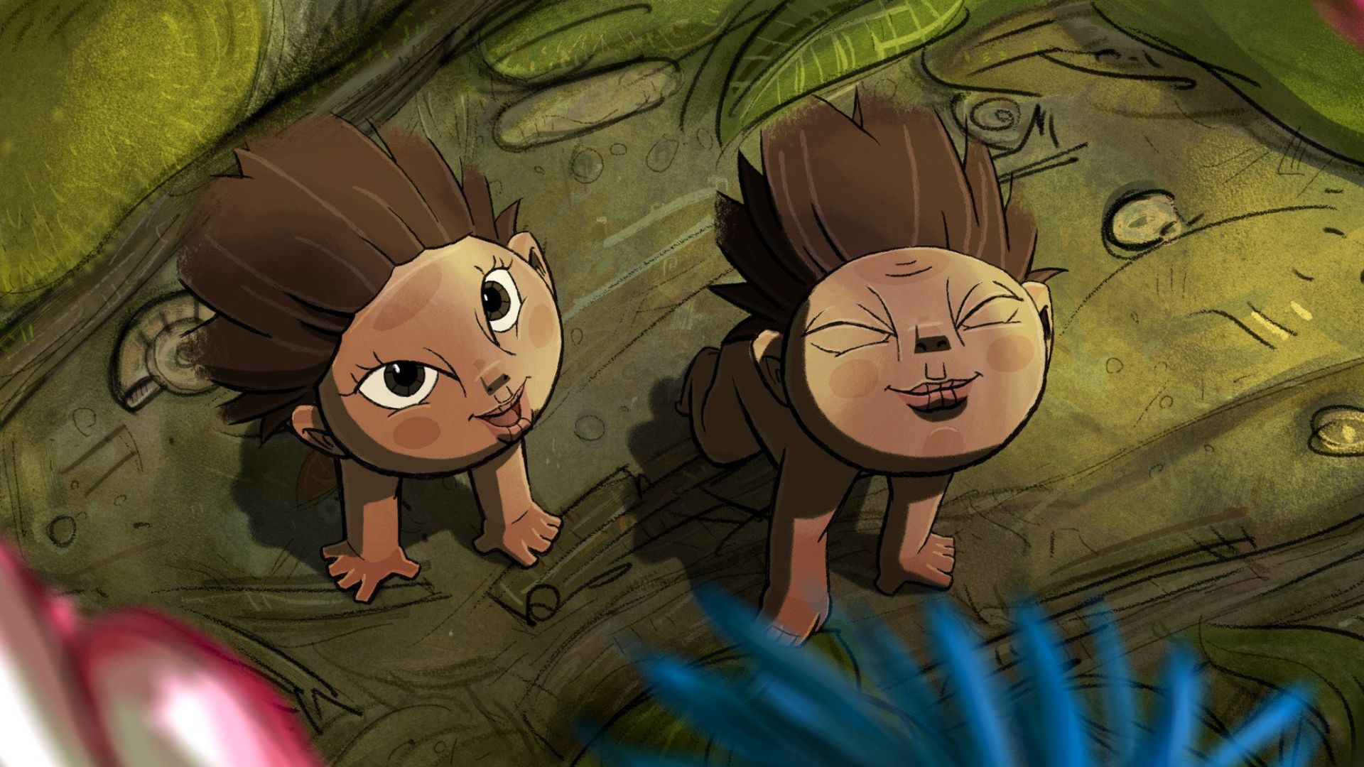 Kadr z filmu animowanego przedstawiający dwa małe leśne stworki.