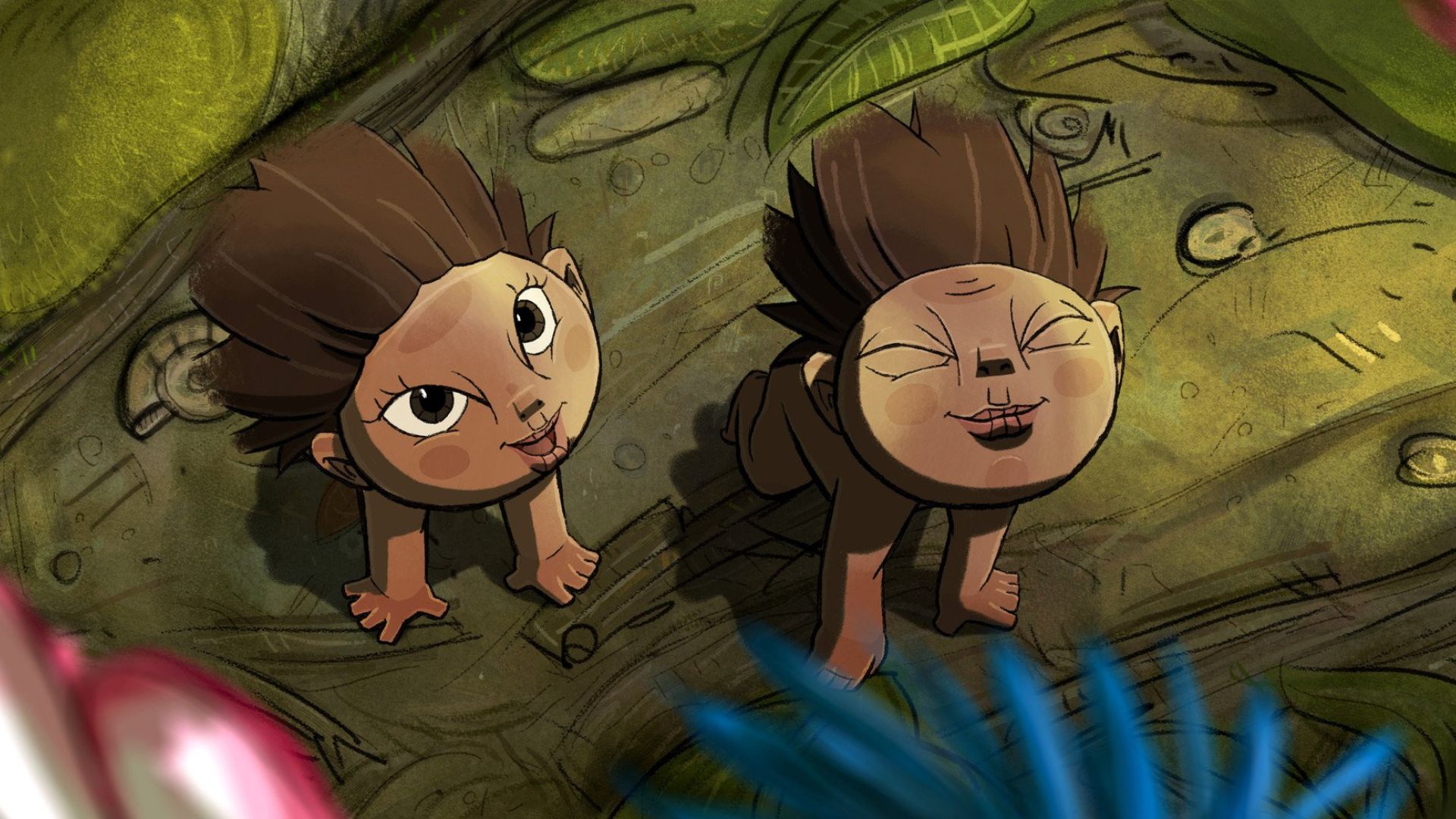 Kadr z filmu animowanego przedstawiający dwa małe leśne stworki.