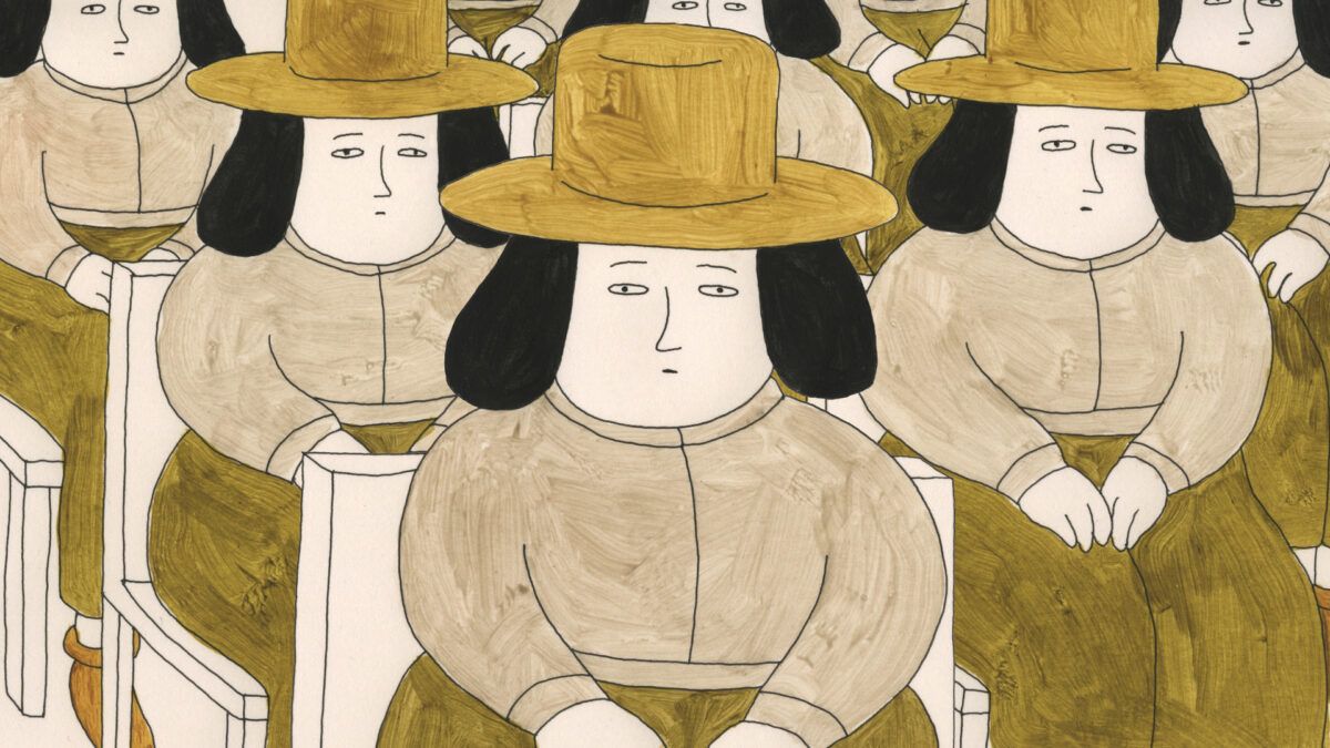 Kadr z filmu animowanego dla dorosłych przedstawiający grupę kobiet w kapeluszach.