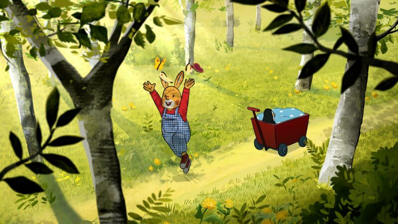 Kadr z bajki przedstawiający króliczka skaczącego za matylami.