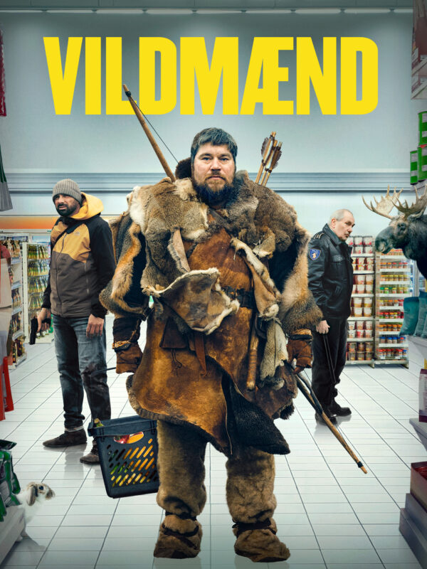 Plakat przedstawia mężczyznę w stroju wikinga robiącego zakupy w supermarkecie.