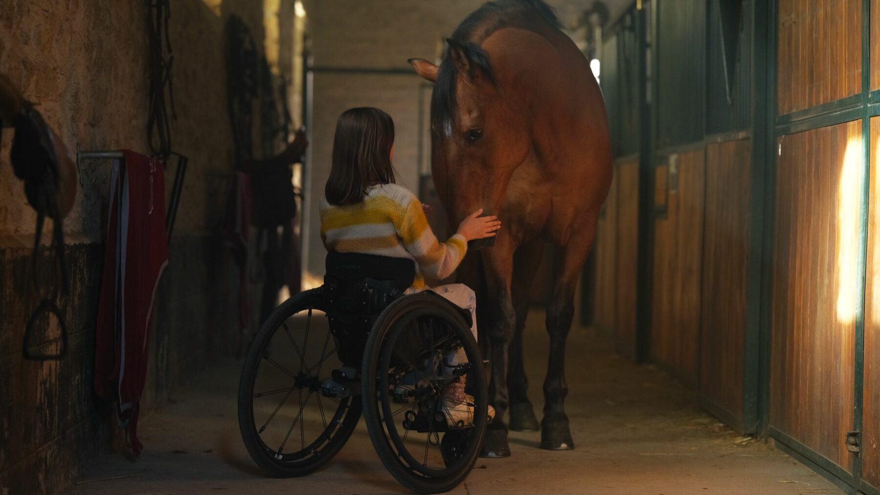 Dziewczynka na wózku inwalidzkim w stajni przy swoim koniu.