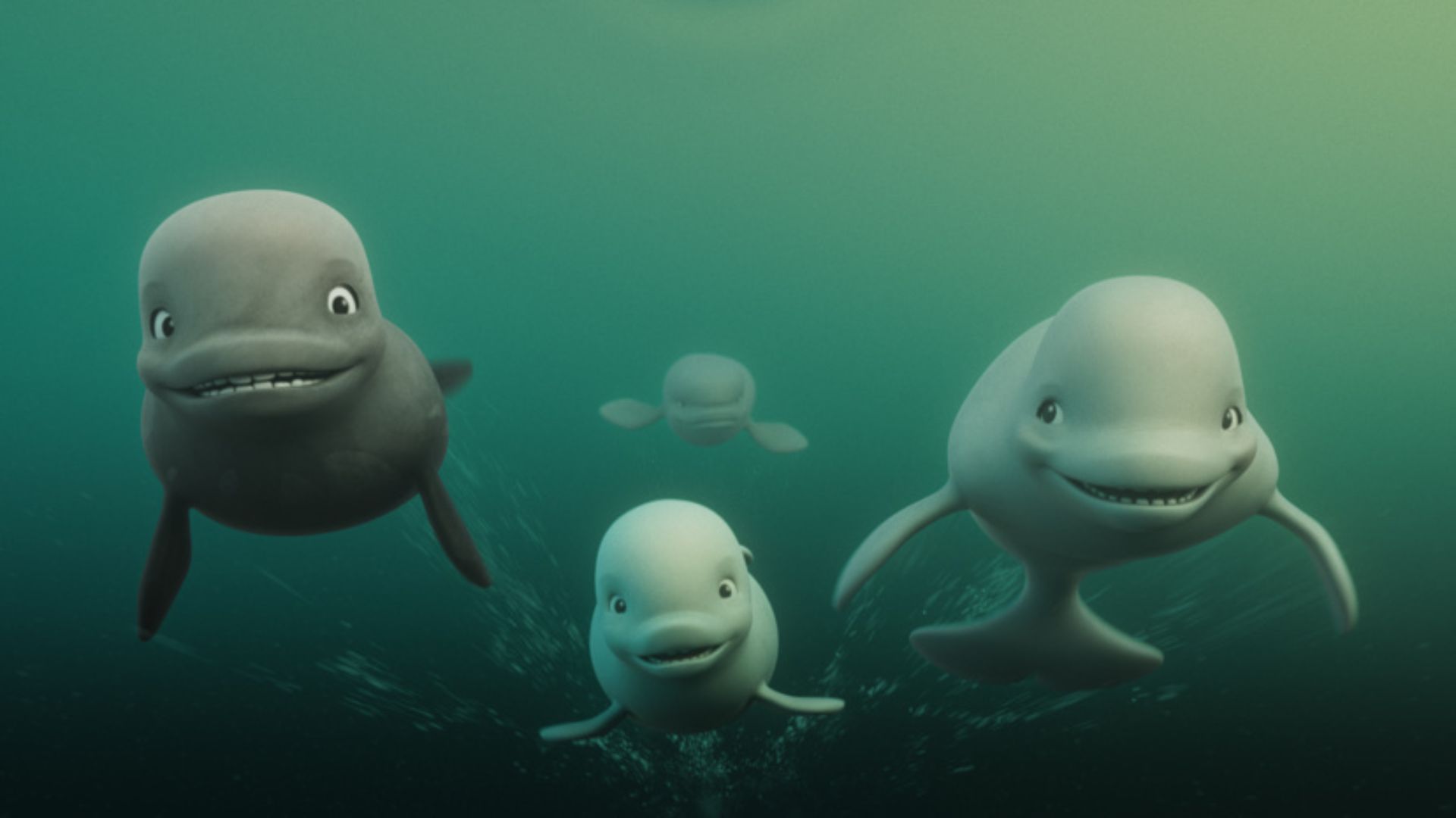 Kadr z bajki przedtsawiający rodzinę delfinów.