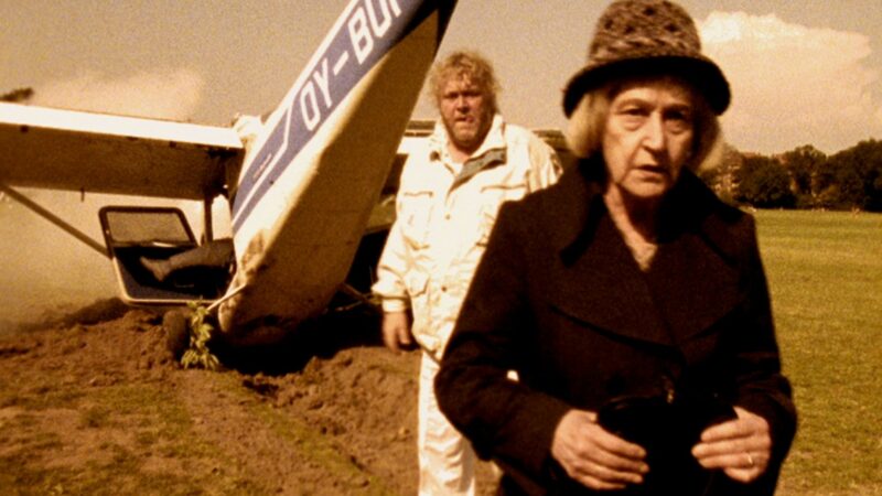 Starsza kobieta z mężczyzną na tle rozbitego samolotu.