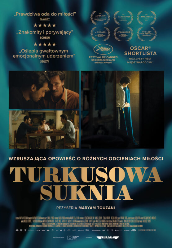 Plakat przedstawia trzy filmowe kadry na tle turkusowej tkaniny.