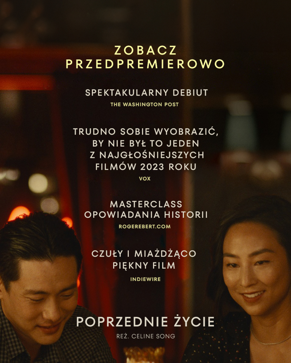 Plakat przedstawia parę głównych bohaterów oraz cytaty prasy o filmie.