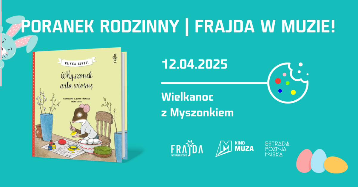 Grafika poranku rodzinnego z wydawnictwem frajda i okładką książki dla dzieci.