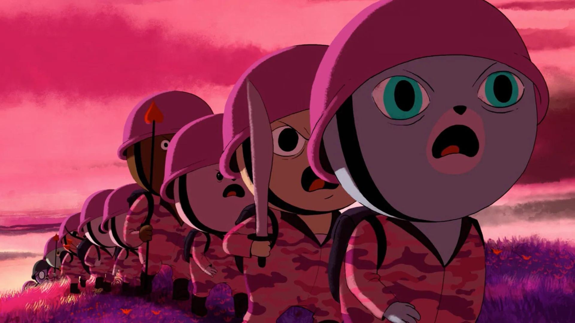 Kadr z filmu animowanego przedstawiający urocze zwierzątka w marszu wojskowym.