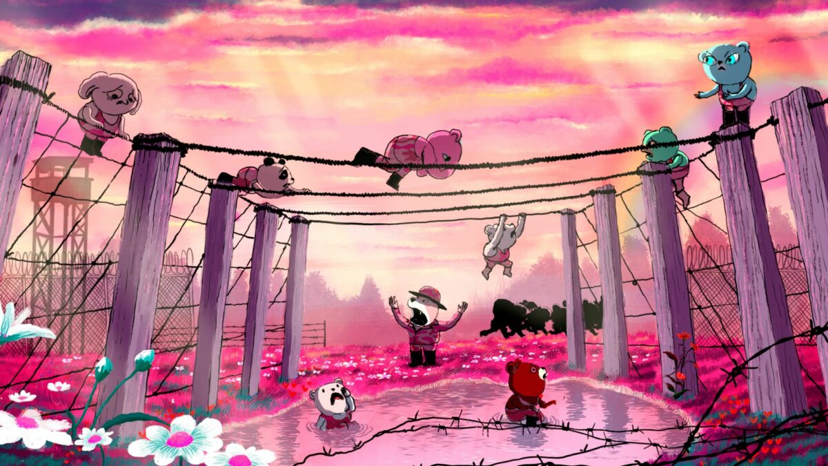 Kadr z filmu animowanego przedstawiający urocze zwierzątka na polu bitwy.