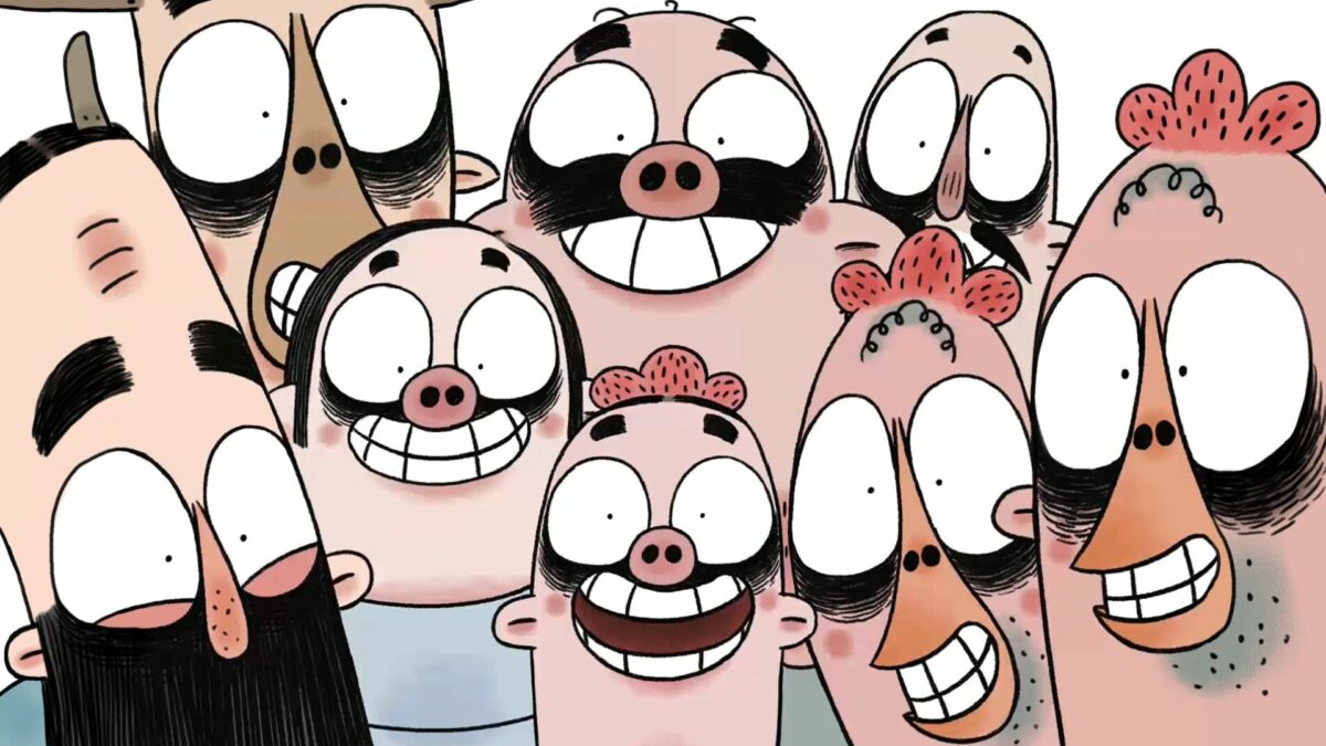 Animowany kadr przedstawiający grupę uśmiechniętch postaci.