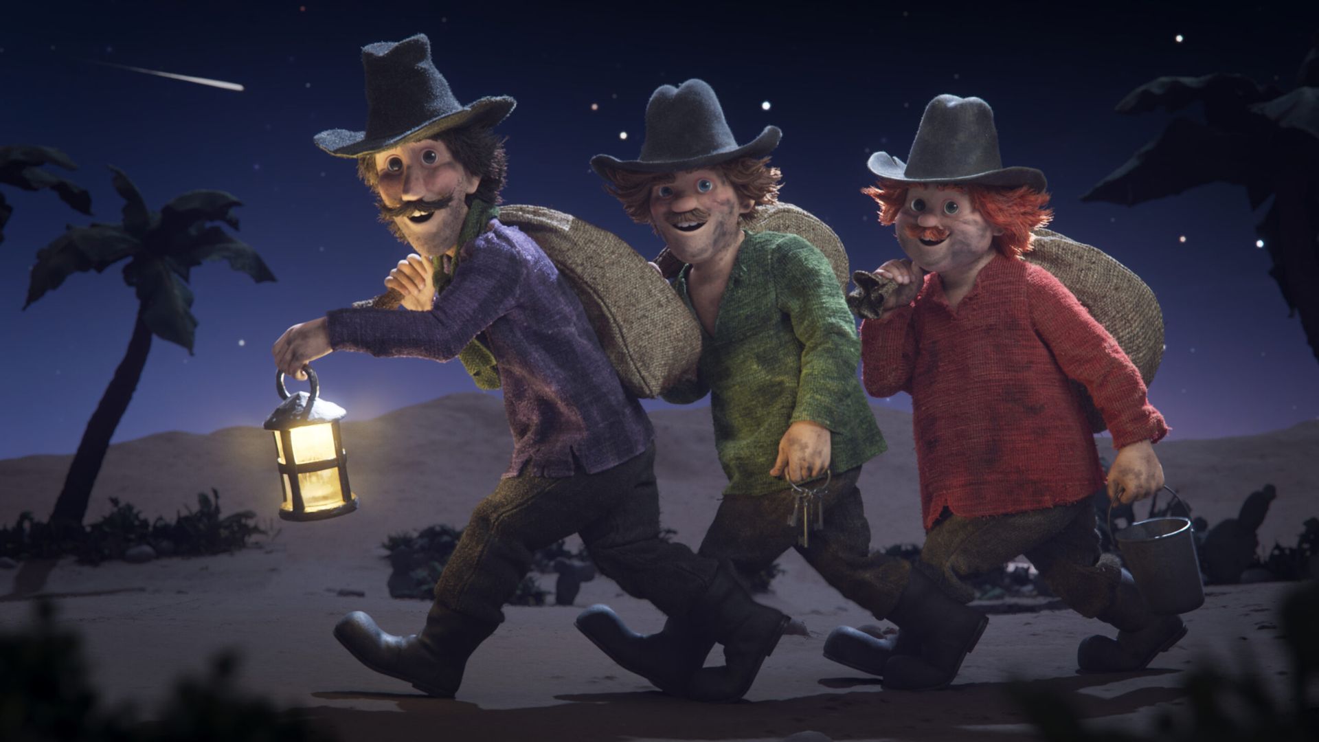 Kadr z bajki z trójką bohaterów skradających się nocą.