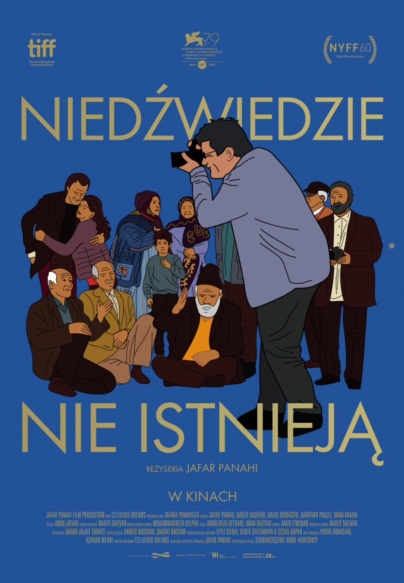 Malowany plakat przedstawiający mężczyznę z aparatem fotografujący grupę ludzi.