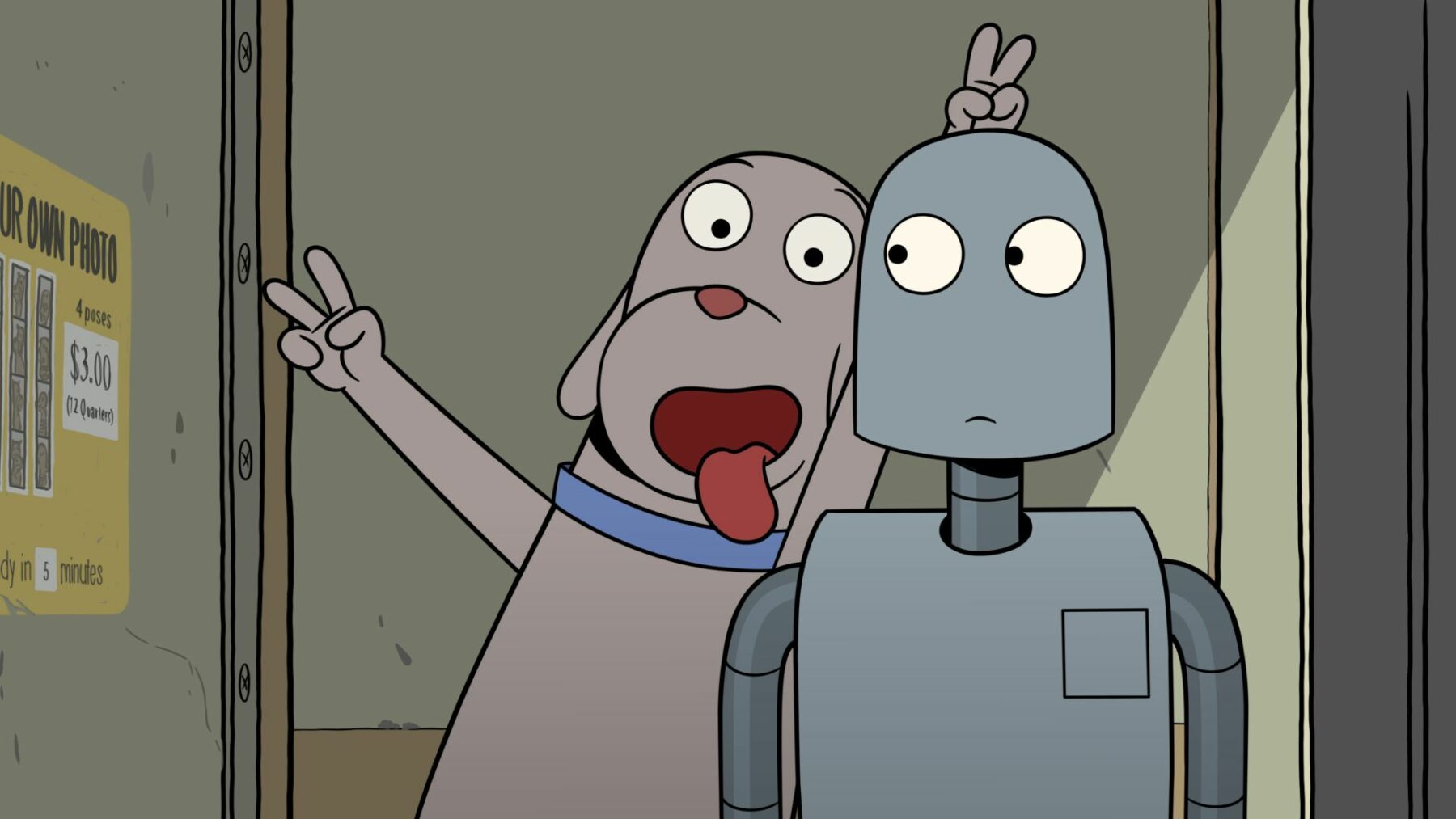 Kadr z animacji z psemi i jego przyjacielem robotem.