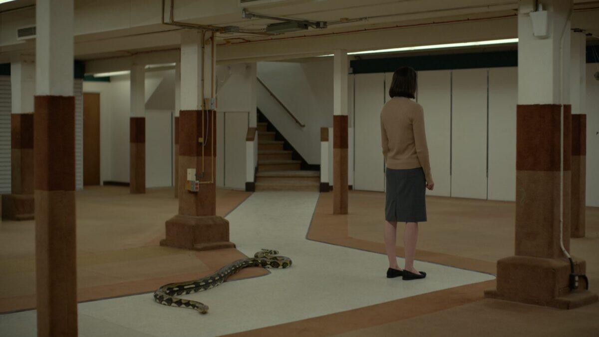 Kadr przedstawia duży korytarz, stojącą kobietę i węża na podłodze.