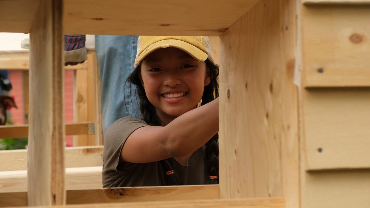 Dziewczynka wyglądająca przez okienko kurnika.