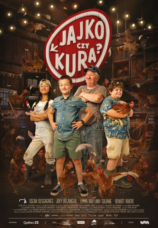 Plakat filmu familijnego przedstawiający głównych bohaterów w kurniku.