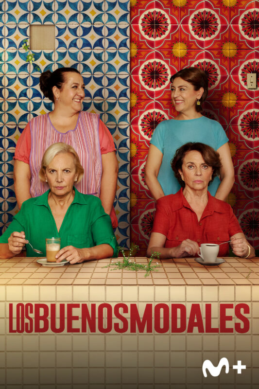 Plakat przedstawia portret rodzinny przy kawie.