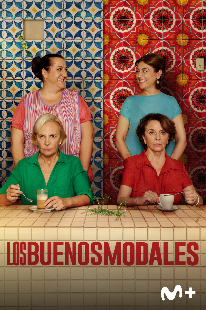 Plakat przedstawia portret rodzinny przy kawie.