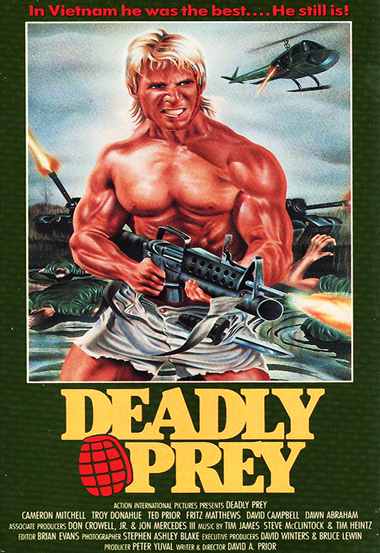 Plakat do filmu klasy B z uzbrojonym komandosem.