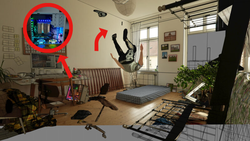 Kadr z animacji przedstawiający upadającego mężczyznę na materac.