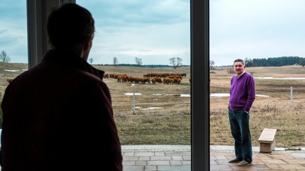 Mężczyzna spogląda przez okno na stojącego na tarasie obcego.