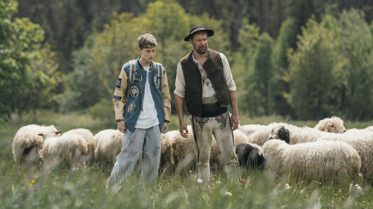 Młody chłopak z góralem na łące na której pasą się owce.