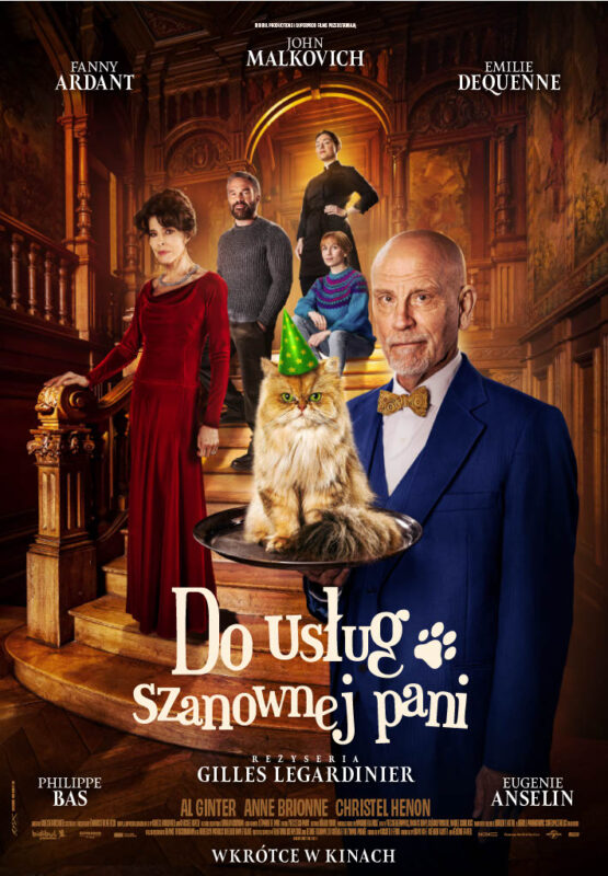 Plakat przedstawia głównych bohaterów filmu na schodach eleganckiej willi.