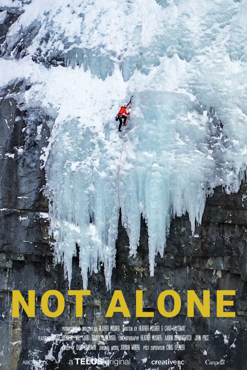 Plakat przedstawia wspinającą się kobietę po oblodzonej górze.