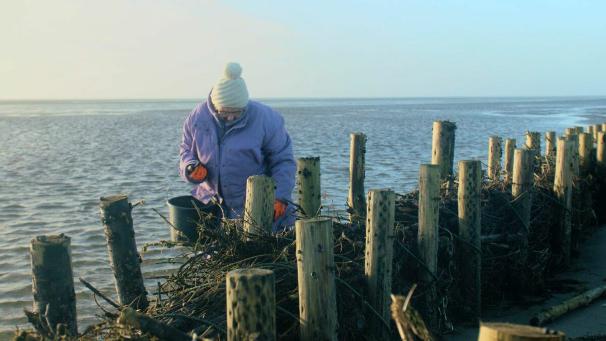 Ciepło ubrana starsza kobieta stoi w wodzie z wiadrem, przyglądając się zaporze