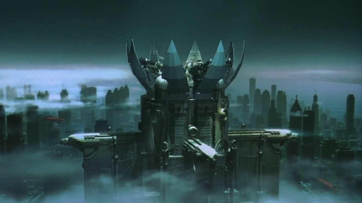 Panorama futurystycznego miasta i widok na wieżowiec.