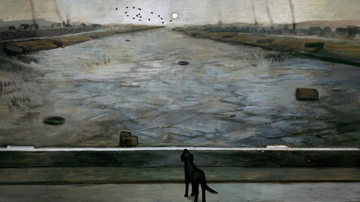 Kadr z animacji przedstawiający psa oglądającego obraz.