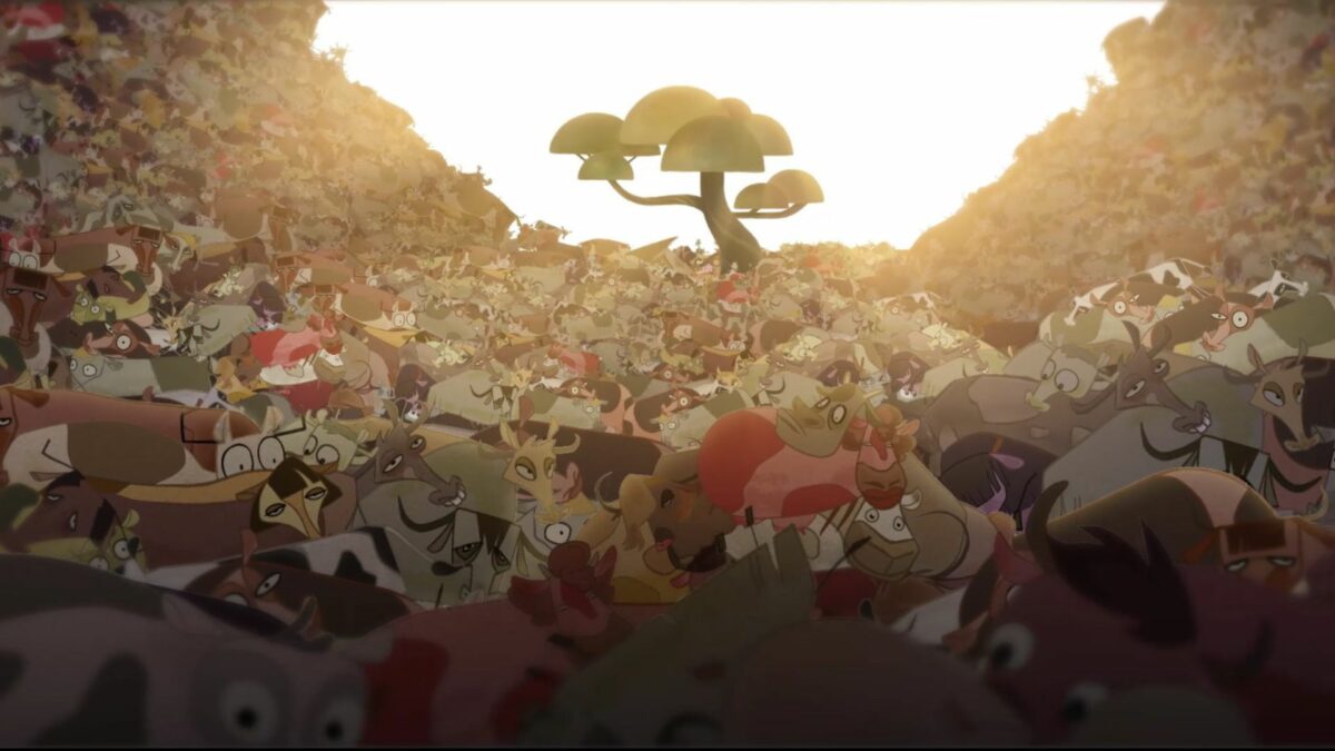 Kadr z animacj z tłoczącymi się zwierzętami.