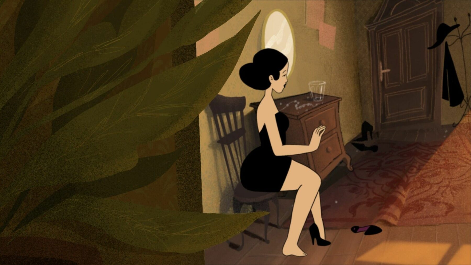 Kadr z animacji z kobietą szykującą się do wyjścia.
